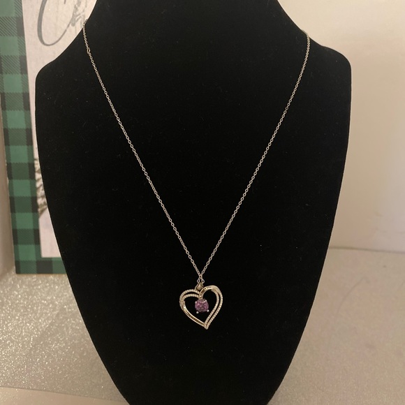 Silver Heart Necklace with Purple Gemstone - Picture 1 of 13